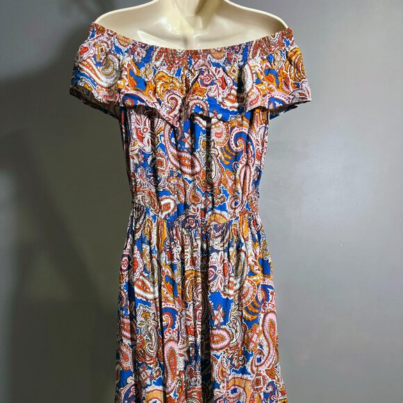 Unique Ruffle Top Paisely Off-Shoulder Boho Dress w/ tassel waist - Picture 4 of 5